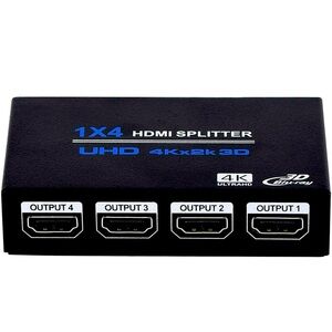 HDMI Splitter 1x4 distributes the HDMI signals to 4 HDMI outputs